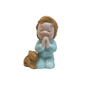 Praying Child in Pijamas with Bunny Figurine Hand Painted Bisque Ceramic.